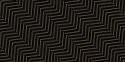 Golden zigzag lines seamless pattern. Vector texture with thin diagonal zig zag, stripes, chevron. Gold and black abstract geometric background. Simple minimal ornament. Repeated luxury geo design