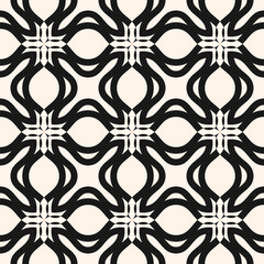 Vector seamless pattern. Black and white floral ornamental background, repeat geometric tiles, curved lines, grid, lattice. Abstract monochrome ornament texture. Elegant design for decor, textile