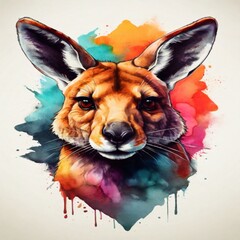 Experience the excellence of a watercolor logo showcasing a powerful kangaroo face in vibrant colors. The design pops against a monochrome background, delivering a visually impactful result