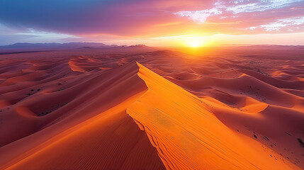 Aerial View of sand dunes at sunset in the Sahara desert, Djanet, Algeria, Africa
