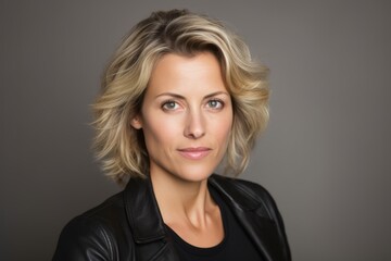 Closeup portrait of a beautiful woman with short blond hair, over grey background