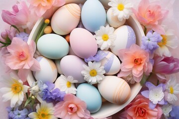 A mosaic of pastel Easter eggs interwoven with gentle spring blooms offers a visual feast of seasonal splendor