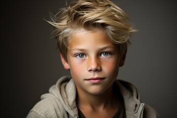 Portrait of a young boy with blond hair. Studio shot.