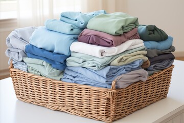 Folded laundry items in a basket on a pristine white surface, conveying cleanliness