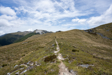 Fototapeta premium Hiking in the mountains of New Zealand featuring scenic landscape, blue sky and clouds