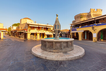 Hippocrates Square and Sintrivan Fountain in Rhodes early in the morning.