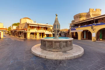 Tuinposter Hippocrates Square and Sintrivan Fountain in Rhodes early in the morning. © pillerss
