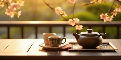 Fototapeta premium An earthenware teapot and mugs of green tea in the garden with sakura. Tea 