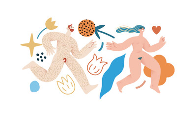 Valentine: Love Chase - modern flat vector concept illustration of laughing naked couple running in a floral environment. Metaphor of sex, affection, love, pursuit in romance