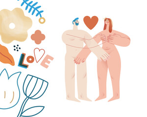 Valentine: Embrace of Love - modern flat vector concept illustration of a loving embrace between partners, accented with playful love icons and florals. Metaphor of shared affection, love, connection