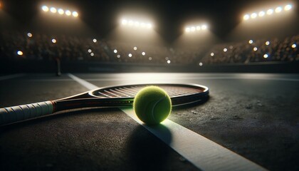Tennis ball and racket on a court at night under lights. 3D Rendering - obrazy, fototapety, plakaty