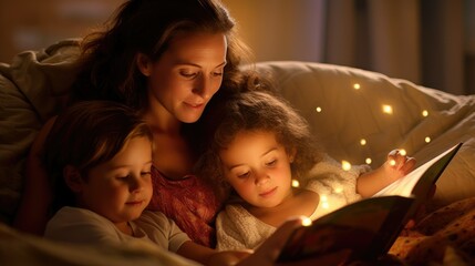 A mother reads a book to her children before going to bed while sitting in bed. Motherhood. - obrazy, fototapety, plakaty