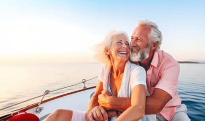 Fototapeta na wymiar senior couple enjoying a sailboat ride, capturing a moment of tranquility and the richness of shared experiences, copy space 