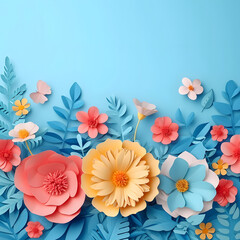 Fototapeta na wymiar A colorful display of paper flowers in rose, orange, blue and white hues a serene blue backdrop