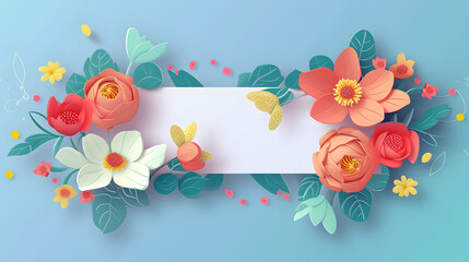 A colorful display of paper flowers in rose, orange, blue and white hues a serene blue backdrop
