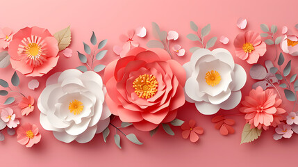 A colorful display of paper flowers in rose and white hues a serene rose backdrop