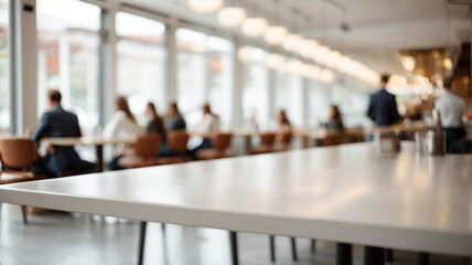 empty white marble table with blurry coffee shop background, backdrop with copy space
