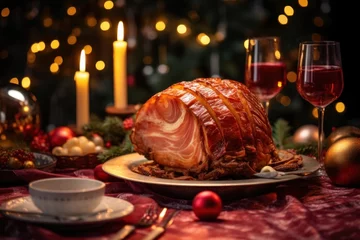 Fotobehang Holiday Tradition: Warmly Lit Christmas Ham with Candles © 18042011