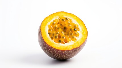 Fresh passion fruit cut in half on a white background, healthy food concept, Close-up view of passion fruit on a white background.