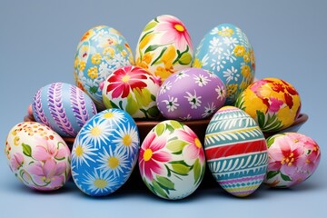 Fototapeta na wymiar A collection of brightly painted Easter eggs boasts a variety of patterns and colors