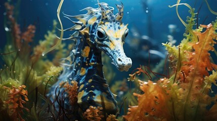 colorful seahorse camouflaged among swaying seagrass generative ai