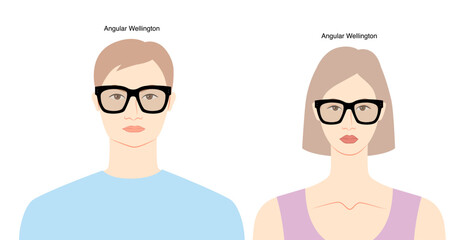 Obraz premium Angular Wellington frame glasses on women and men flat character fashion accessory illustration. Sunglass unisex silhouette style, spectacles eyeglasses, lens sketch style outline isolated on white