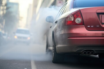 Rear view of a car emitting exhaust fumes, highlighting environmental issues related to urban pollution and transportation.