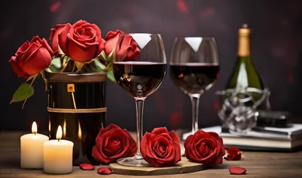red rose and champagne two glasses on a dinner date table for valentine day or anniversary created with generative ai	