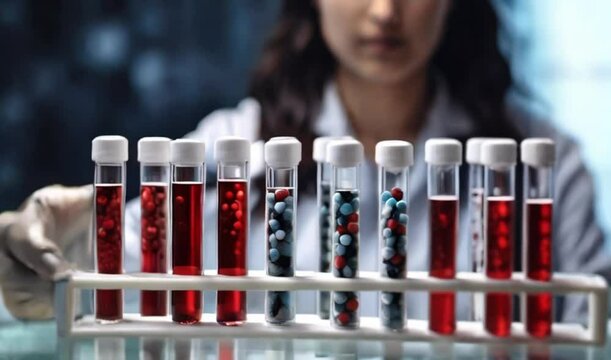 scientist holding medical testing tubes or vials of medical pharmaceutical research with blood cells and virus cure using DNA genome sequencing biotechnology created with generative ai	