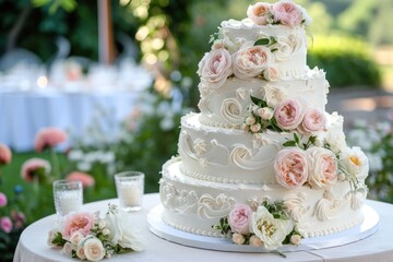 Obraz na płótnie Canvas Exquisite multi-tiered wedding cake adorned with fresh flowers, showcasing classic elegance at a garden wedding...