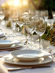 Opulent table setting for a wedding featuring gold-rimmed plates, rose gold cutlery, and a delicate floral centerpiece..