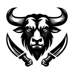 Vector logo of a mad bull. black and white illustration of a raging ox holding knives. Professional logo can be used as emblem, sign, tattoo.