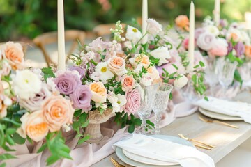 An enchanting outdoor wedding reception table graced with pastel floral centerpieces, crystal glassware, and elegant gold accents..
