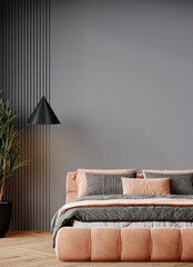 Bedroom in pastel tone peach fuzz color trend 2024 year and gray wall empty background for art. Modern premium cozy room interior home or hotel design. Apricot crush stylish accents bed. 3d render 
