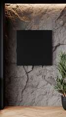 Accent wall for the picture or art. Large square canvas mockup on painting dark gray wall. Gallery or living room with exhibit blank frame for poster or decorative fresco, mural. Stone wall. 3d render