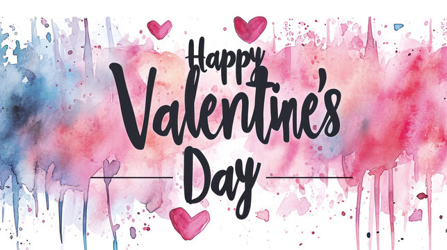 Happy Valentine`s Day card, elegant lettering on white pink background, watercolor illustration. Greeting on St Valentine with painted hearts and text. Concept of design, love