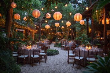 An elegant outdoor wedding reception setup with tables, floral centerpieces, and guests enjoying the golden sunset... - obrazy, fototapety, plakaty