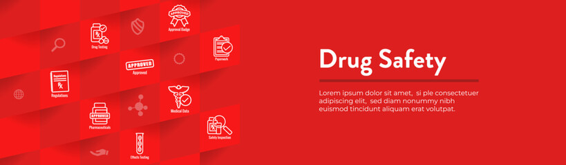 Pharmaceuticals and medications icon set with web header banner for FDA Approval