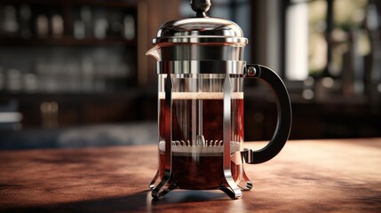 classic French press coffee maker, emphasizing its glass and metal components generative ai - obrazy, fototapety, plakaty