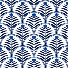 flower seamless background blue and white floral motif traditional art deco fan pattern vector illustration
