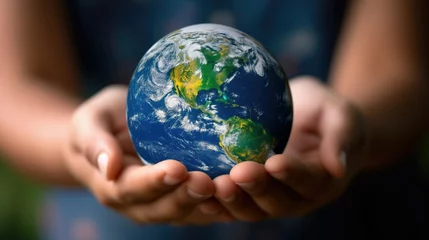 Foto op Canvas Close-up of two hands gently cradling a vibrant depiction of Earth, symbolizing care and responsibility for our planet © EVGENIA