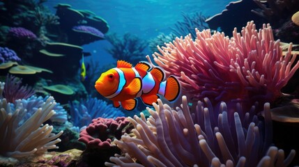 Naklejka na ściany i meble Highly detailed illustration of a clownfish swimming among vibrant coral reefs generative ai
