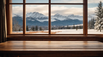 Wooden table and window with blurred mountain winter trees landscape background. High quality photo