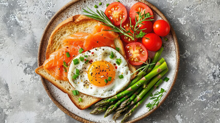 Breakfast brunch plate fried egg asparagus salmon sandwich on a light background top view
