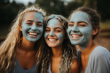 Happy young women friends making Blue Clay face masks together. Skin care concept - obrazy, fototapety, plakaty