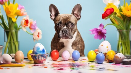  French Bulldog sits among Easter eggs, encapsulating the essence of the season, on blue background 