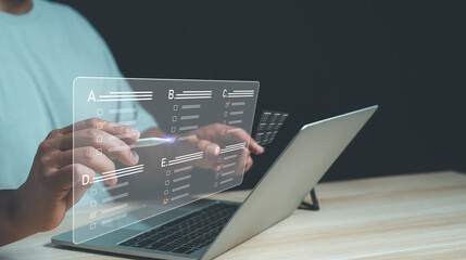 Concept filling out digital form checklist, take an assessment, questionnaire, evaluation, online...