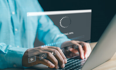 Concept Update software application technology. engineer man hand working with laptop virtual screen, software system update. Digital program developer. innovation new versions and improved security.