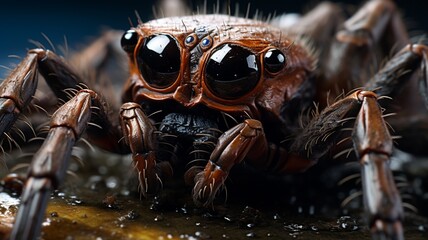 Close-up of a tarantula's eyes, capturing the reflective nature and intensity of its gaze  -Generative Ai
