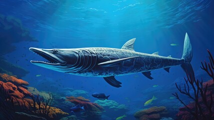 Fototapeta premium Intricate rendering of a sleek barracuda patrolling the edges of a coral reef generative ai